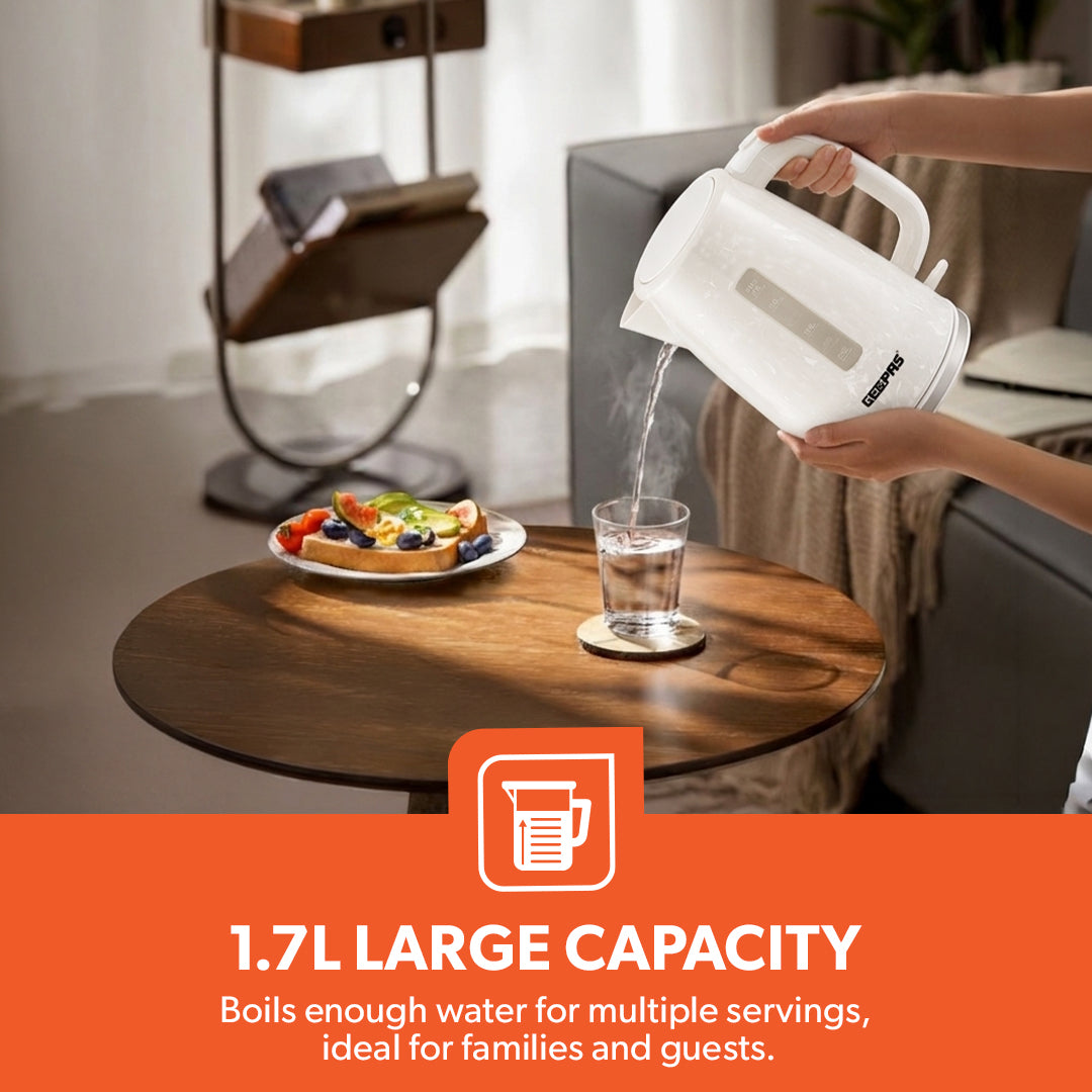 Geepas GK38067UK-WT Skye Collection 1.7L Electric Kettle | 360° Cordless Base | Auto Shut Off | Boil Dry Protection | Water Level Indicator |Kettle for Home & Office Use