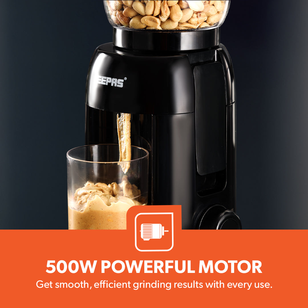 Geepas Peanut Butter Maker GPG63092 |500W Powerful Motor, Durable Stainless Steel Mill Plate, Large 756g Jar|  320ml Storage Cup for Fresh & Healthy Homemade Nut Butter