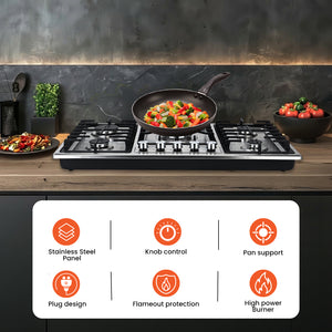 Geepas GGC31043 Built-in Gas Hob | 5 Burner Stainless Steel Hob with Auto Ignition| Flame Safety Device| High Efficiency Burners| Easy Cleaning Design & 2 Years Warranty