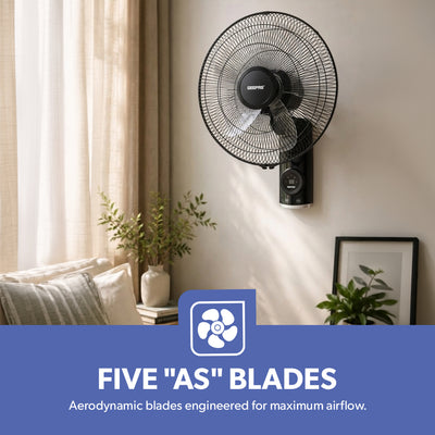 Geepas 18 Inch Wall Fan with Remote Control GF21125 | Powerful Copper Motor| 3 Speed Settings| 5 AS Blades| Oscillation| 7.5h Timer| Self-Protection| 2 Years Warranty