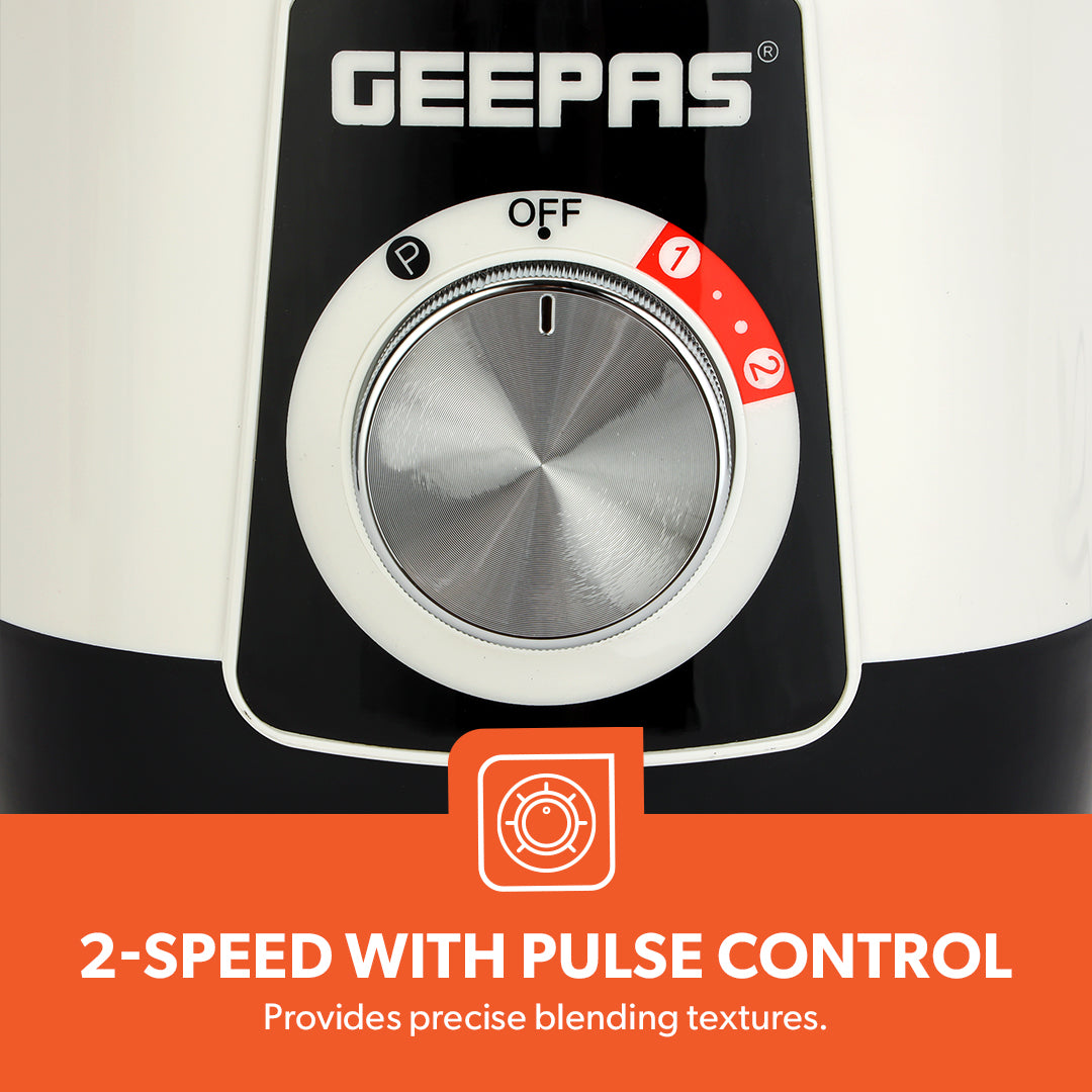 Geepas 2-in-1 Blender- GSB44027T/ 600 W, Powerful Motor with 2 Speed Setting and Pulse/ Transparent Jars with Stainless Steel Blade, Grinder Attachment White and Black