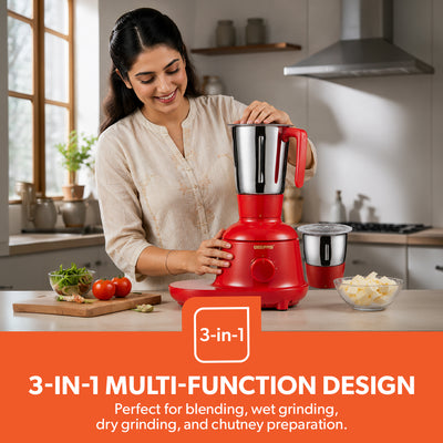 Geepas GSB44086 750W 3-in-1 Mixer Grinder | 3 Stainless Steel Jars & Copper Motor | Sharp Stainless Steel Blades | 3-Speed Control with Pulse Function | ABS Plastic Body