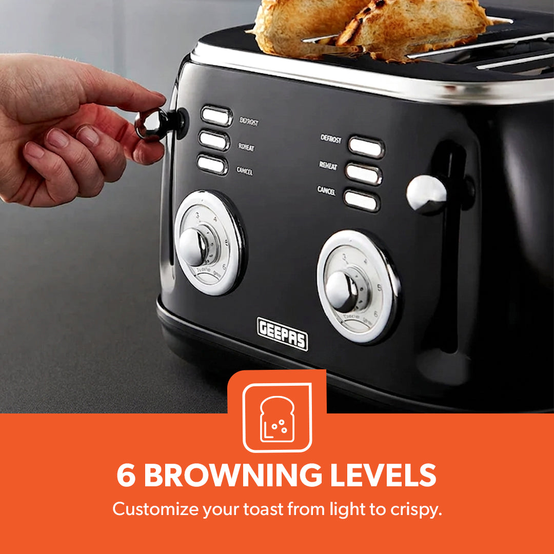 Geepas GBT36564UK-BK 4 Slice Toaster | Powerful 1500W Metal Body | 6 Browning Levels | Removable Crumb Tray | Defrost, Reheat & Cancel Functions with Cord Storage