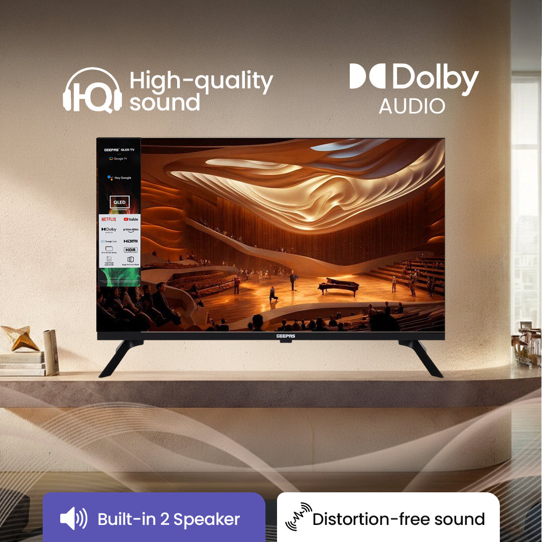 Geepas GLED3215GTQLD 32 Inch HD QLED Smart Google TV | Dolby Audio | Built-in Chromecast | HDMI & USB | 1366x768 Resolution |  Remote & Slim Design | 1-Year Warranty