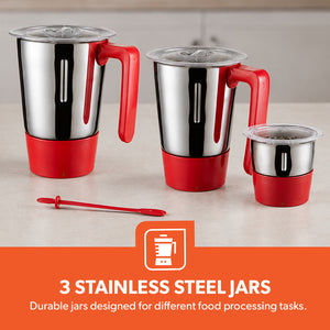 Geepas GSB44086 750W 3-in-1 Mixer Grinder | 3 Stainless Steel Jars & Copper Motor | Sharp Stainless Steel Blades | 3-Speed Control with Pulse Function | ABS Plastic Body