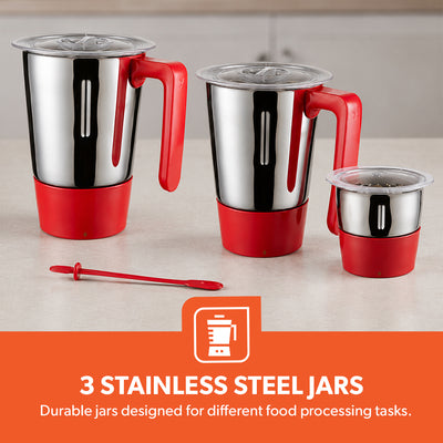 Geepas GSB44086 750W 3-in-1 Mixer Grinder | 3 Stainless Steel Jars & Copper Motor | Sharp Stainless Steel Blades | 3-Speed Control with Pulse Function | ABS Plastic Body