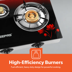 Geepas 3 Burner Gas Cooker GGC31012 |Stainless Steel Frame & Tray, Tempered Glass Top, Iron Burners 100+40+100mm, Auto Piezo Ignition, Low Gas Consumption, 2Year Warranty