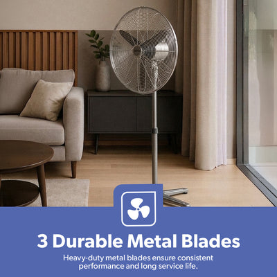 Geepas GF21198 26 Inch Industrial Pedestal Fan | 210W Copper Motor | 650mm 3 Metal Blade Fan with Oscillation | 3 Speeds| Adjustable Height | Heavy Duty Cooling Airflow