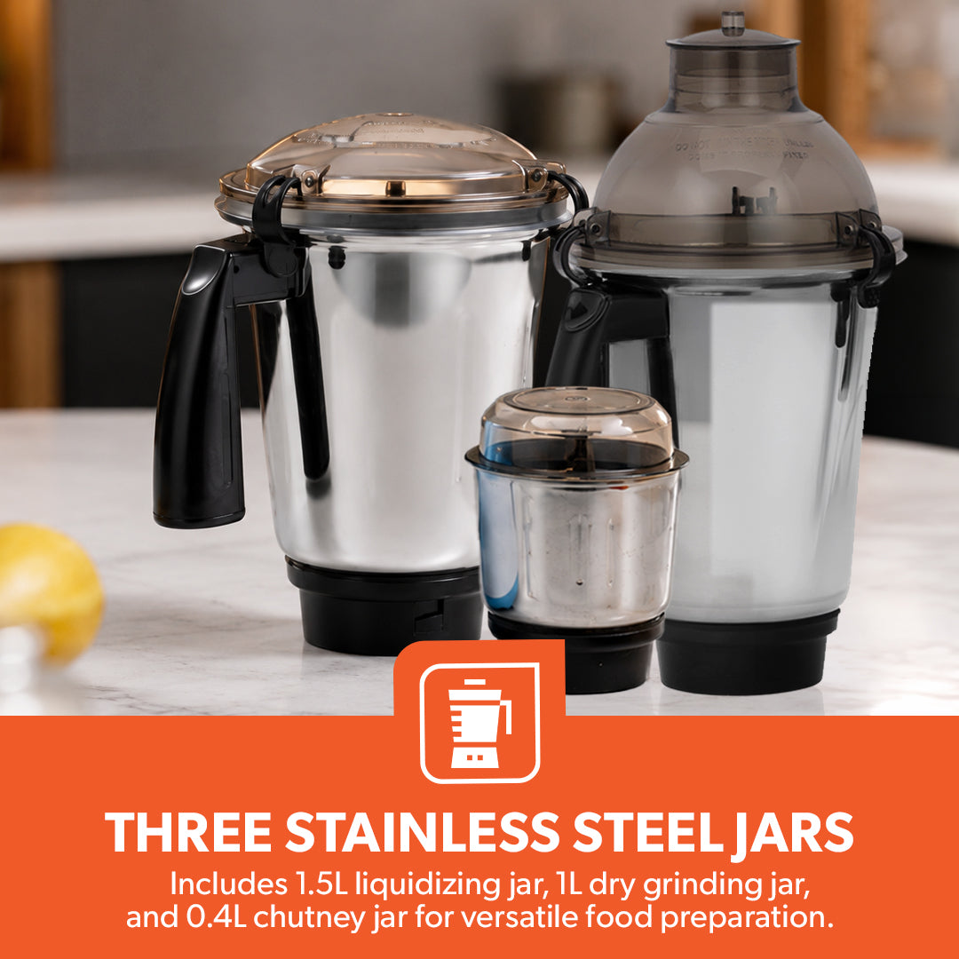 Geepas GSB44094 750W 3-in-1 Mixer Grinder | 1.5L Stainless Steel Jar Mixer | Stainless Steel Blades | Overload Protection  | Durable ABS Plastic Body |Stable Base Design