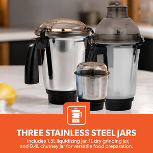 Geepas GSB44094 750W 3-in-1 Mixer Grinder | 1.5L Stainless Steel Jar Mixer | Stainless Steel Blades | Overload Protection  | Durable ABS Plastic Body |Stable Base Design