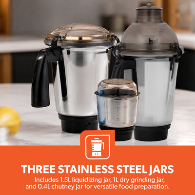 Geepas GSB44094 750W 3-in-1 Mixer Grinder | 1.5L Stainless Steel Jar Mixer | Stainless Steel Blades | Overload Protection  | Durable ABS Plastic Body |Stable Base Design