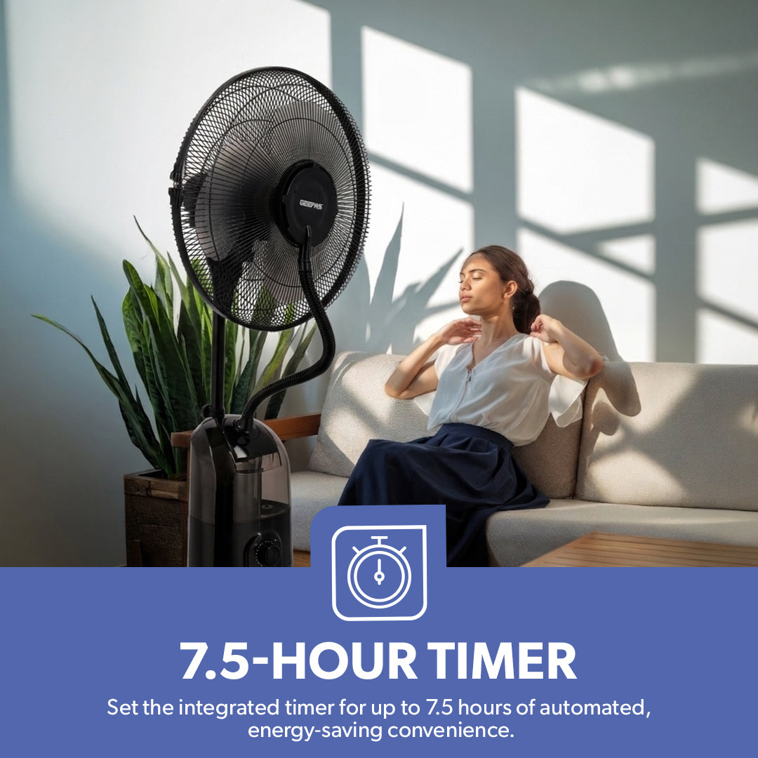 Geepas GF21161 16-Inch Mist Fan with LCD Display | 3 Wind Speeds| 3 Cooling Modes| 7.5-Hour Timer| 2L Water Tank| Remote Control| 100% Copper Motor| 2 Years Warranty