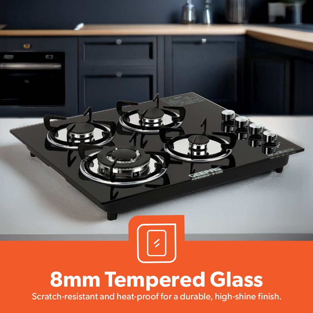 Geepas Glass Gas Hob GK4410 | 4 Burner Gas Stove with Auto Ignition | 8mm Extra-Hard Tempered Glass Surface| Low Gas Consumption & Durable Pan Support| 2 Years Warranty