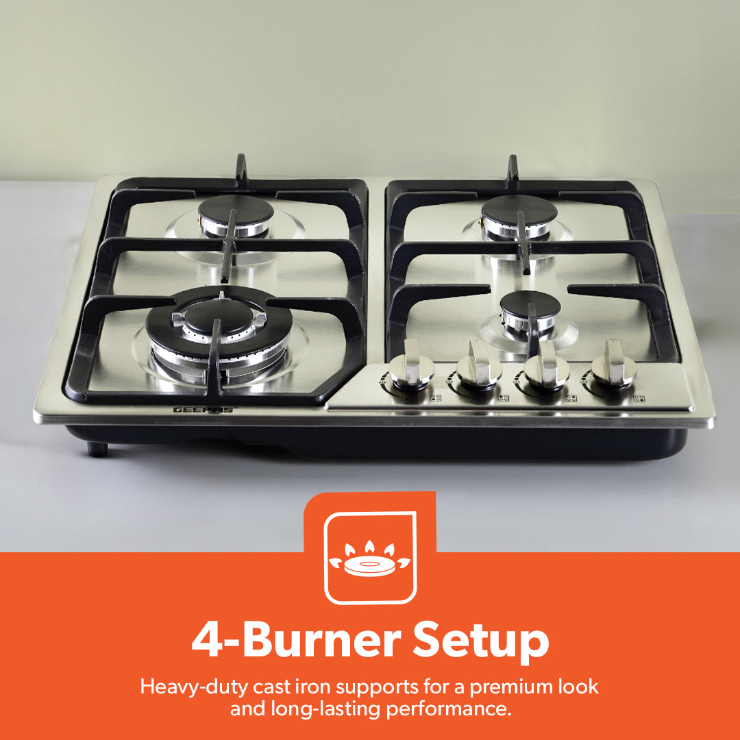Geepas GGC31051FFD Built-in Stainless Steel Gas Hob | 4 High-Performance Burners | Auto Ignition System | Flame Failure Safety  | Durable Design | 2 Years Warranty