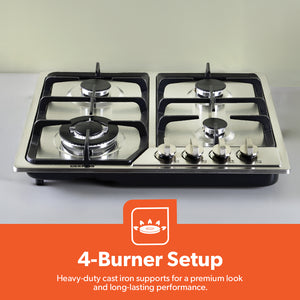 Geepas GGC31051FFD Built-in Stainless Steel Gas Hob | 4 High-Performance Burners | Auto Ignition System | Flame Failure Safety  | Durable Design | 2 Years Warranty