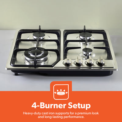 Geepas GGC31051FFD Built-in Stainless Steel Gas Hob | 4 High-Performance Burners | Auto Ignition System | Flame Failure Safety  | Durable Design | 2 Years Warranty