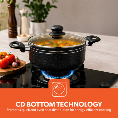 Royalford  RF11759 9 PCS Non-Stick Cookware Set | PFOA-Free Granite Coating| Strong Aluminium Body| Fast-Heating CD Bottom| Tempered Glass Lids & Essential Kitchen Tools