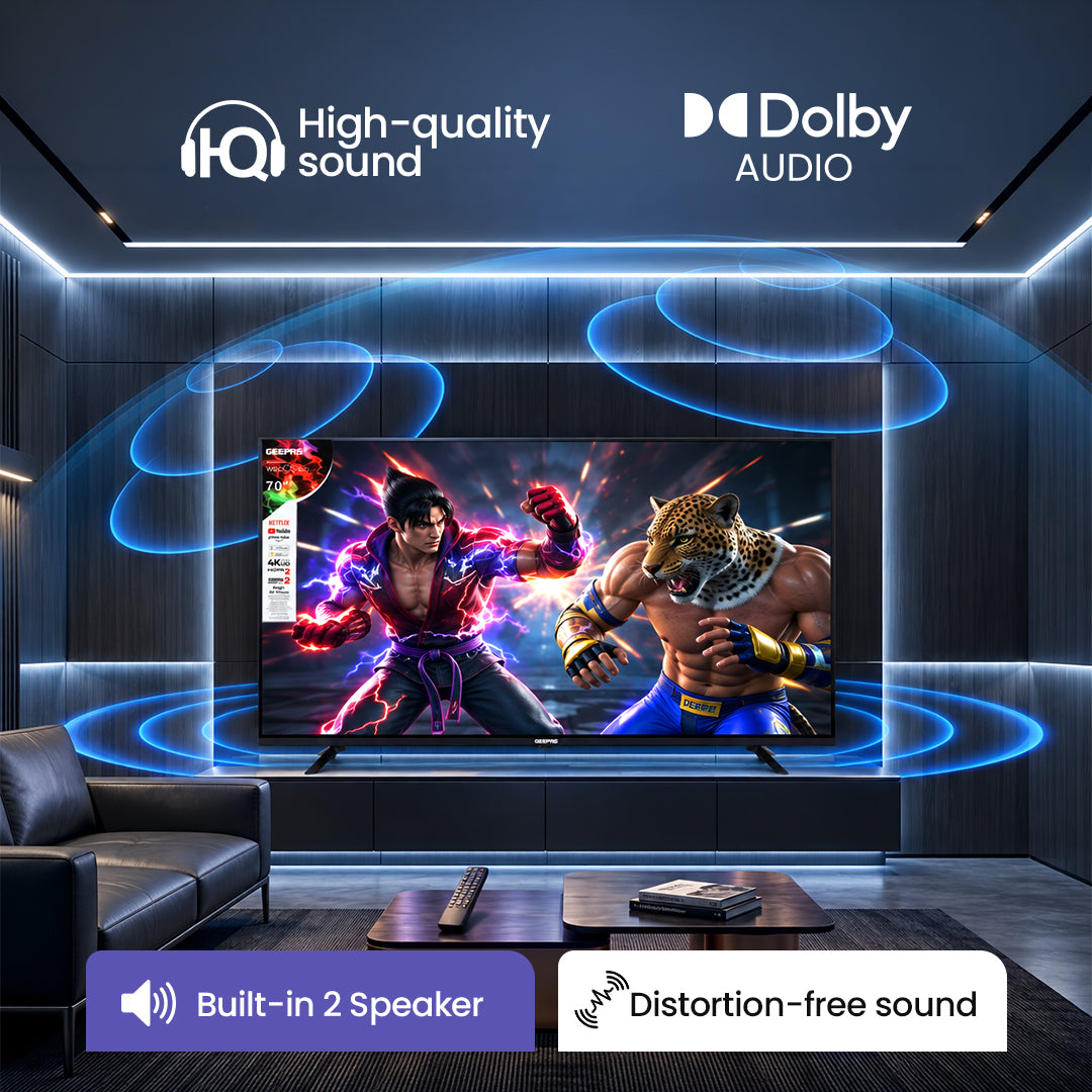 Geepas GLED7079SWUHD 70 Inch 4K Ultra HD Smart LED TV | webOS Hub| Dolby Audio| Netflix| YouTube| Prime Video| Apple AirPlay & Home | Wi-Fi, Bluetooth, 3 HDMI & 2 USB