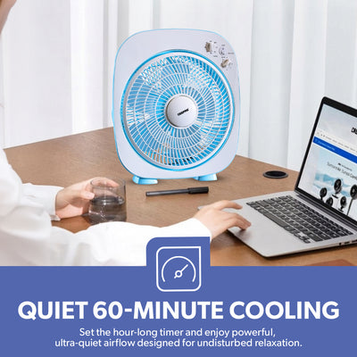 Geepas GF926 12 Inch Box Fan | 60-Min Timer | 3 Speed Control | Powerful Motor | Compact Portable Design | Energy Efficient Cooling Fan for Home, Office & Indoor Use