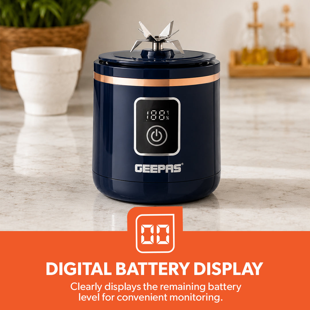 Geepas GSB44058 Rechargeable Portable Blender | 420ml USB Smoothie Blender c Powerful 150W Motor | Digital Battery Display  | USB Type-C Charging | One-Touch Operation