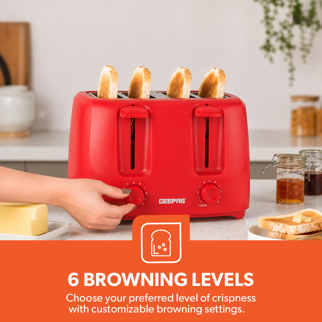 Geepas GBT36549UK-RD 4 Slice Bread Toaster 1400W with 6 Browning Settings | Self-Centering Function | Removable Crumb Tray and Convenient Cord Storage | Easy to Use