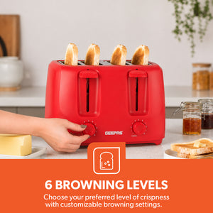 Geepas GBT36549UK-RD 4 Slice Bread Toaster 1400W with 6 Browning Settings | Self-Centering Function | Removable Crumb Tray and Convenient Cord Storage | Easy to Use