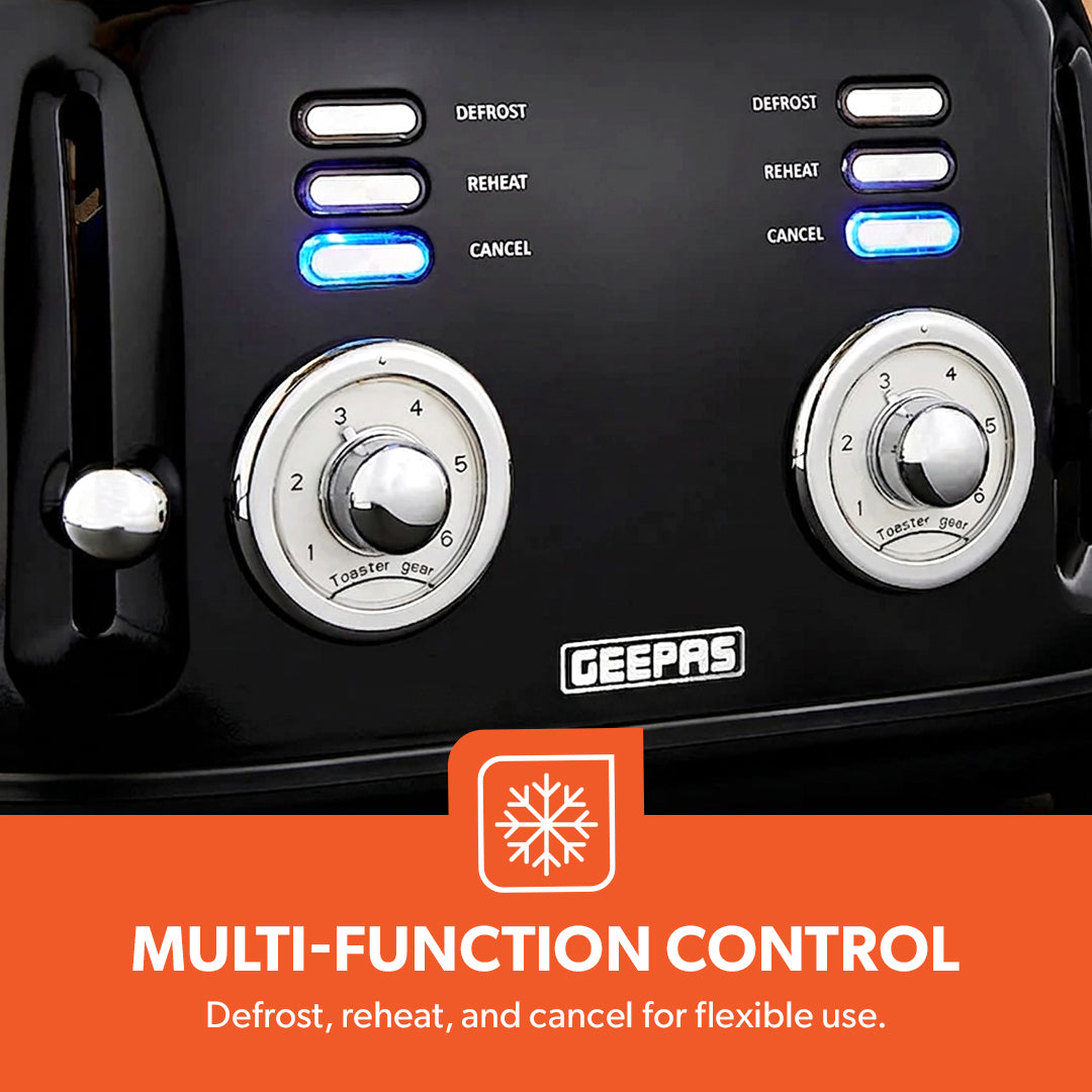 Geepas GBT36564UK-BK 4 Slice Toaster | Powerful 1500W Metal Body | 6 Browning Levels | Removable Crumb Tray | Defrost, Reheat & Cancel Functions with Cord Storage