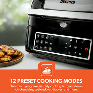 Geepas GAF37526 Smart Cyclonic Air Fryer Grill 6.5L with 12 Preset Cooking Modes | Digital Touch Screen  | Vortex Air Technology and Powerful 1800W Performance