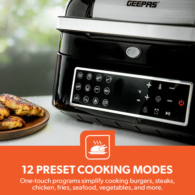 Geepas GAF37526 Smart Cyclonic Air Fryer Grill 6.5L with 12 Preset Cooking Modes | Digital Touch Screen  | Vortex Air Technology and Powerful 1800W Performance