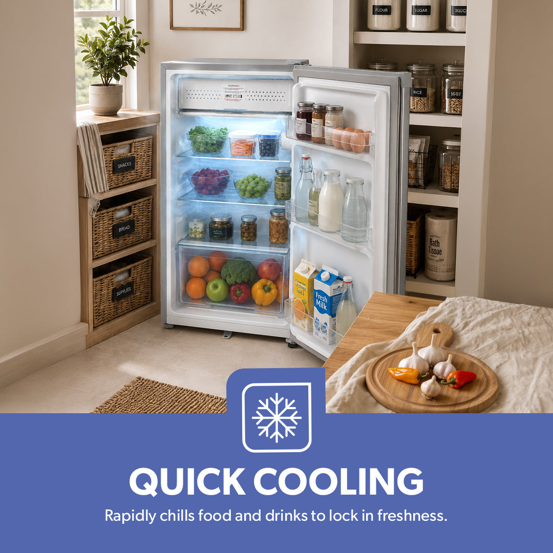 Geepas GRF119SPE 110L Single Door Defrost Refrigerator |92L Net Capacity |Quick Cooling technology |single door design | Mechanical temperature control |R600a refrigerant