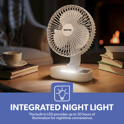 Geepas GF21157 8-Inch Rechargeable Fan with LED Night Light |Features 3-speed control |9-hour runtime |lithium battery |3 Blade Fan with Adjustable Head| portable design