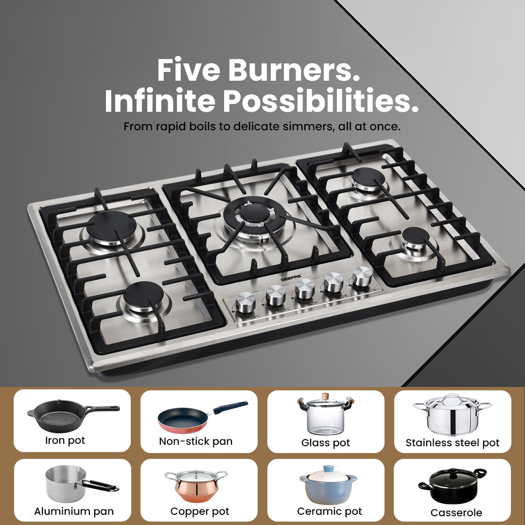 Geepas GGC31043 Built-in Gas Hob | 5 Burner Stainless Steel Hob with Auto Ignition| Flame Safety Device| High Efficiency Burners| Easy Cleaning Design & 2 Years Warranty