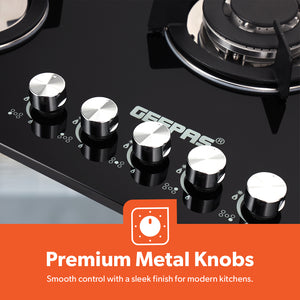 Geepas Glass Gas Hob GGC31011 | 5 Burner Gas Stove with Auto Ignition| Toughened Glass Surface| Cast Iron Pan Support & Powerful Triple Ring Wok Burner| 2 Years Warranty