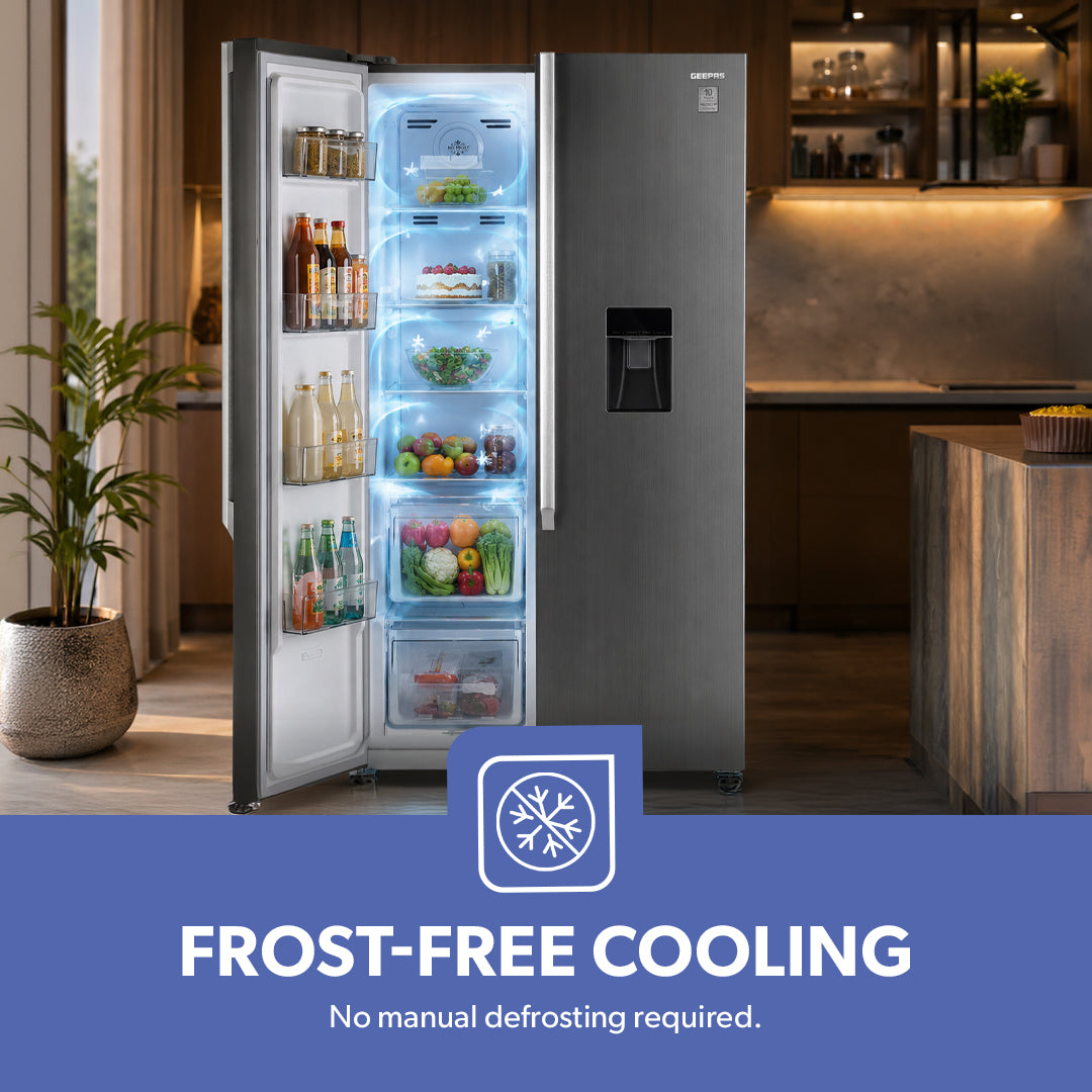 Geepas GRFS6622SWXHN Side by Side Refrigerator | 700L Gross Capacity | Inverter Compressor | Inverter Compressor |4 crystal drawers |R600a refrigerant | 1-Year Warranty