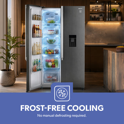 Geepas GRFS6622SWXHN Side by Side Refrigerator | 700L Gross Capacity | Inverter Compressor | Inverter Compressor |4 crystal drawers |R600a refrigerant | 1-Year Warranty