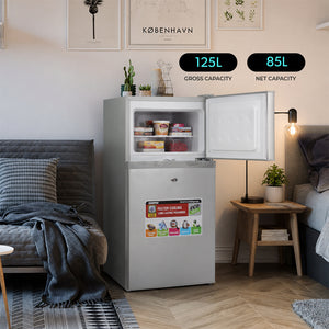 Geepas GRF1259GPE 125L Double Door Refrigerator |85L Net Capacity |double door design |High-performance tropical compressor |Adjustable thermostat |tempered glass shelves