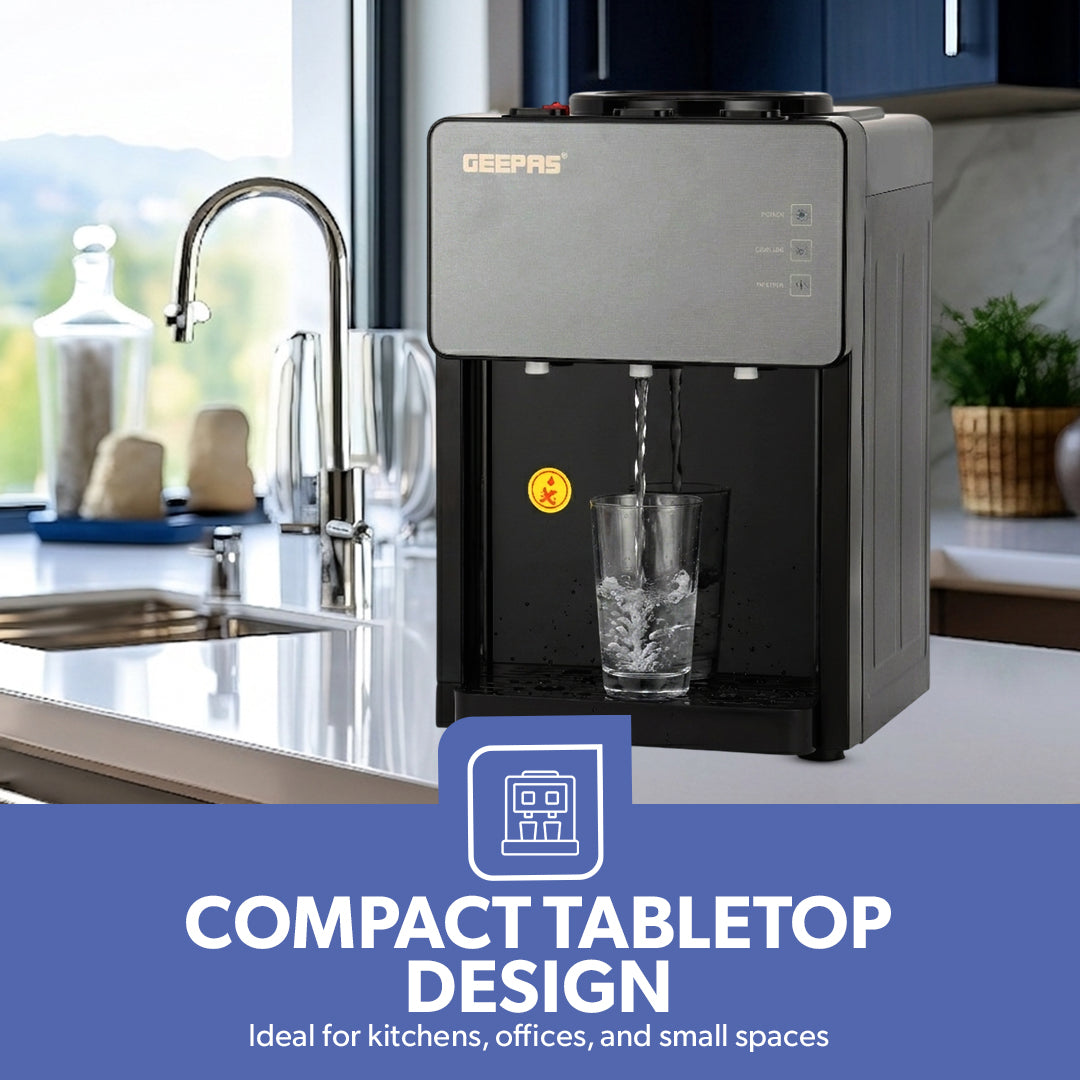 Geepas GWD17044 Tabletop Water Dispenser|Hot, Cold & Normal Water |3-Tap Design| Child Safety Lock|SUS304 Stainless Steel Tank & Dry Heating Protection for Home & Office