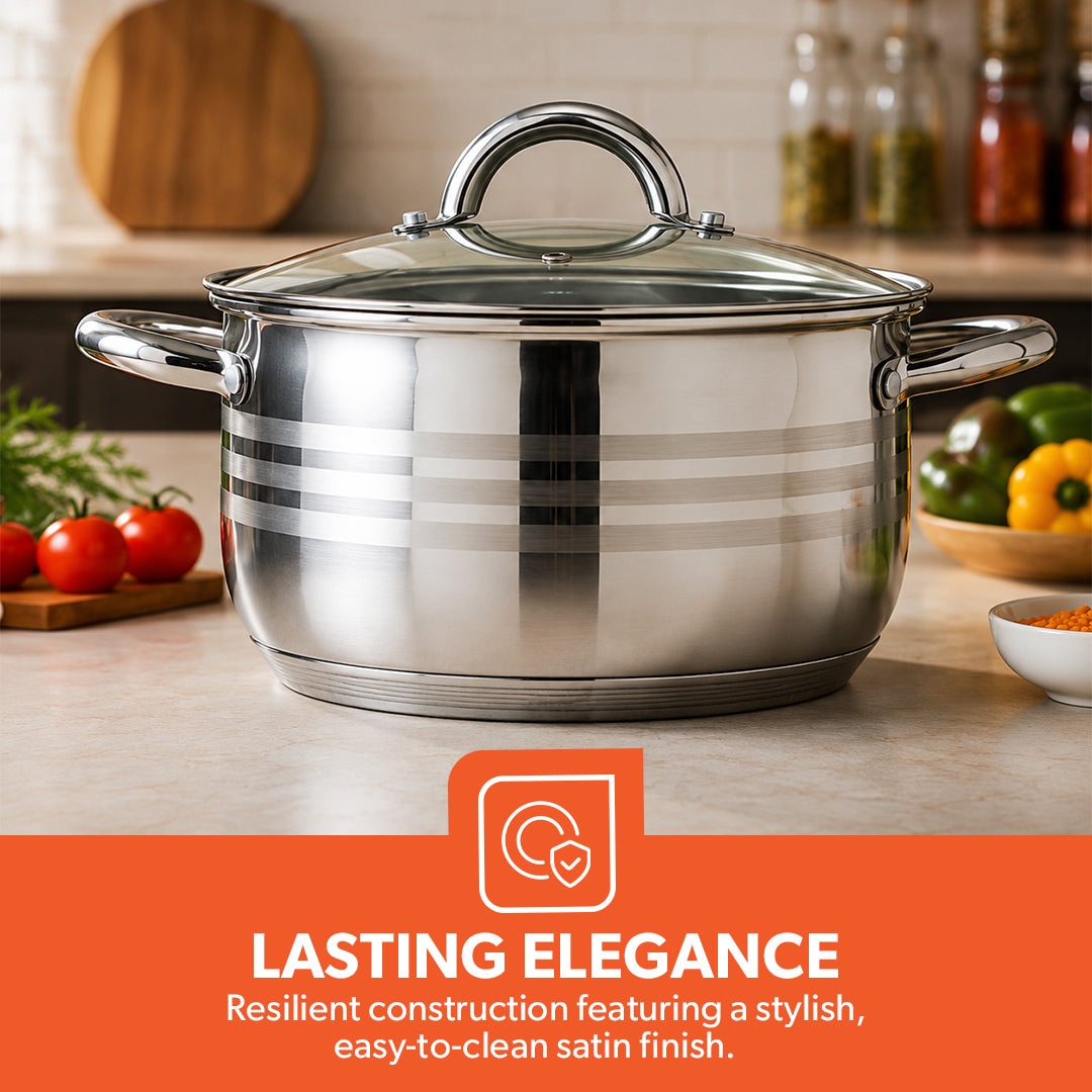 Royalford RF10390 10-Piece Stainless Steel Cookware Set with Glass Lids| Induction Compatible Encapsulated Base| Heavy-Duty Riveted Handles & Durable Satin Finish Design