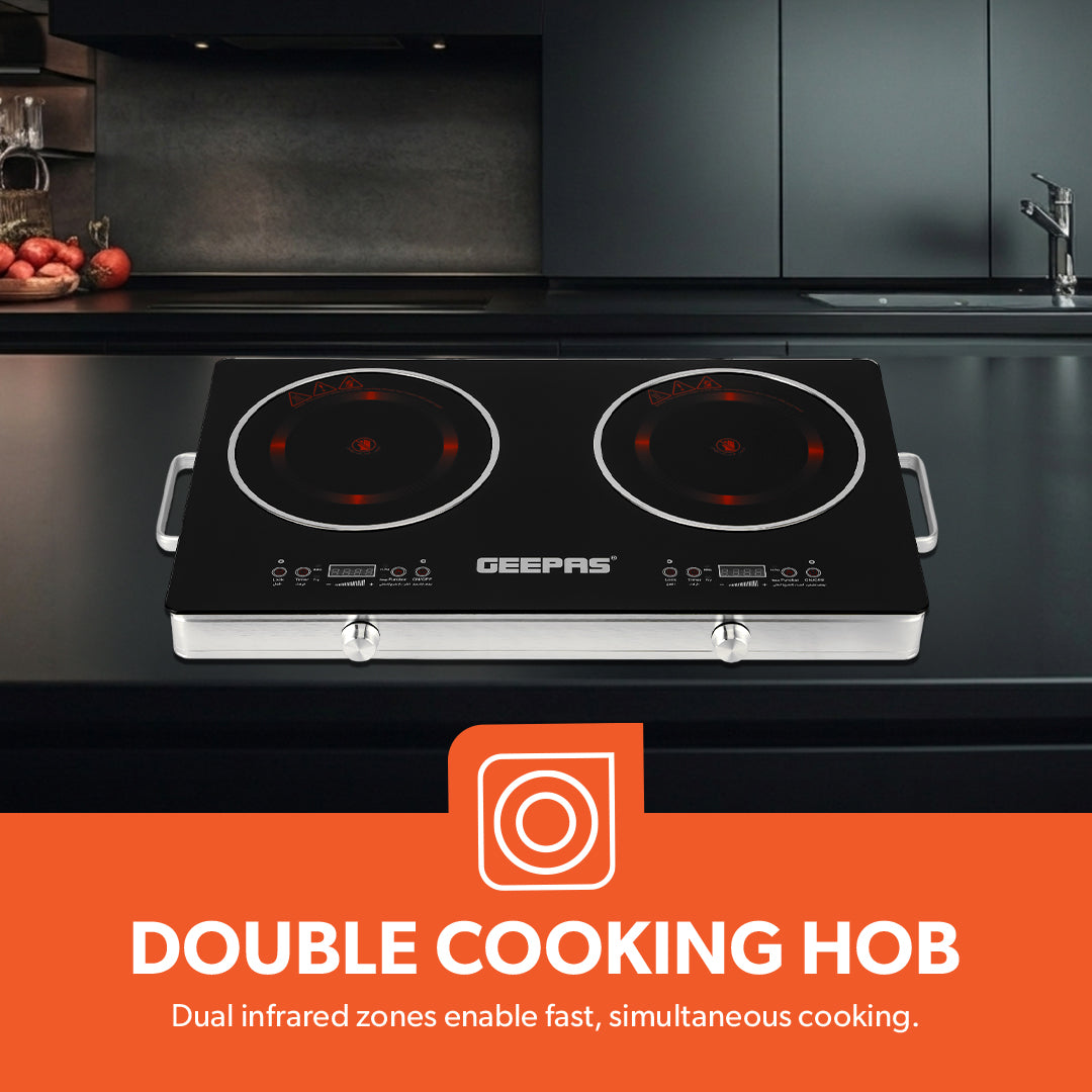 Geepas Digital Infrared Cooker GIC6131 |3600W Double Cooking Hob | Dual Ceramic Plates| Touch & Knob Control| Digital Display| Timer| Safety Protection|  2 Years Warranty