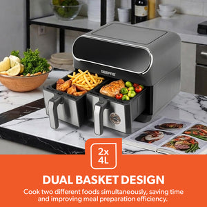 Geepas GAF37535UK Digital Air Fryer | 8L Dual Basket with LED Display |  Touch Control Panel |   60 Minute Timer |  Healthy Oil and  Fat Free Cooking Technology