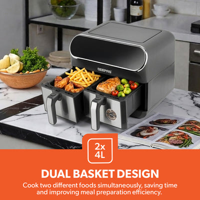 Geepas GAF37535UK Digital Air Fryer | 8L Dual Basket with LED Display |  Touch Control Panel |   60 Minute Timer |  Healthy Oil and  Fat Free Cooking Technology
