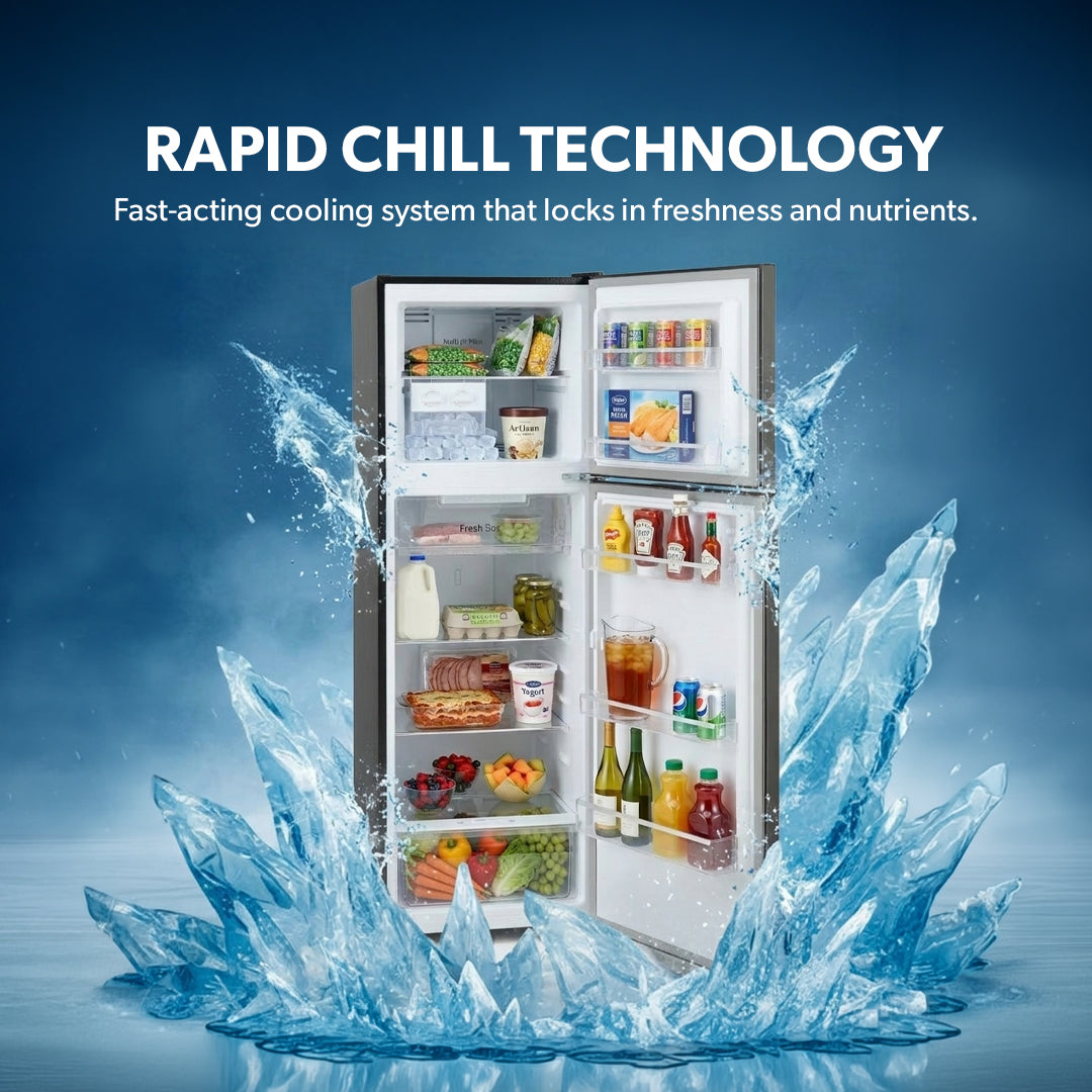 Geepas GRF3207SSXXN No Frost Double Door Refrigerator with Inverter Technology | Multi Air Flow  | Twist Ice Maker | Large Storage Capacity | Stainless Steel Finish
