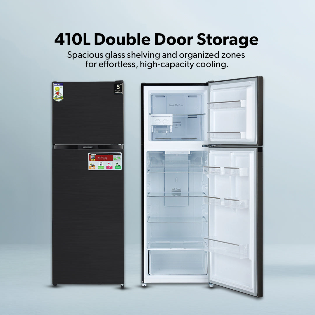 Geepas GRF4120SSXN 410L Double Door No Frost Refrigerator | Dual Temperature Setting| Quick Cooling| Long-Lasting Freshness| Low Noise & Energy Saving| 1 Year Warranty