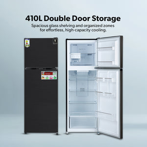 Geepas GRF4120SSXN 410L Double Door No Frost Refrigerator | Dual Temperature Setting| Quick Cooling| Long-Lasting Freshness| Low Noise & Energy Saving| 1 Year Warranty