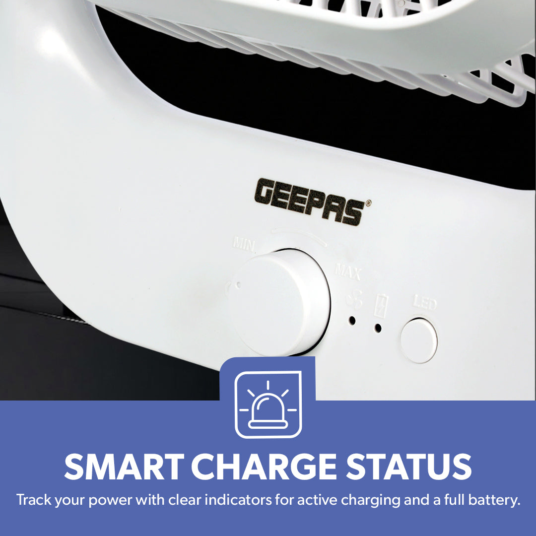 Geepas GF21162 8” Rechargeable Fan with LED Light | 2-Speed Powerful Airflow | Built-in Battery for Power Backup | Portable Design | Adjustable Tilt | 2 Years Warranty
