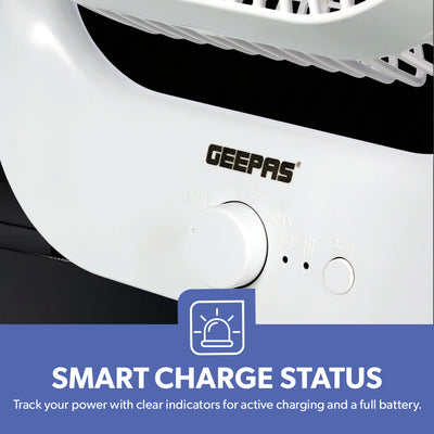 Geepas GF21162 8” Rechargeable Fan with LED Light | 2-Speed Powerful Airflow | Built-in Battery for Power Backup | Portable Design | Adjustable Tilt | 2 Years Warranty