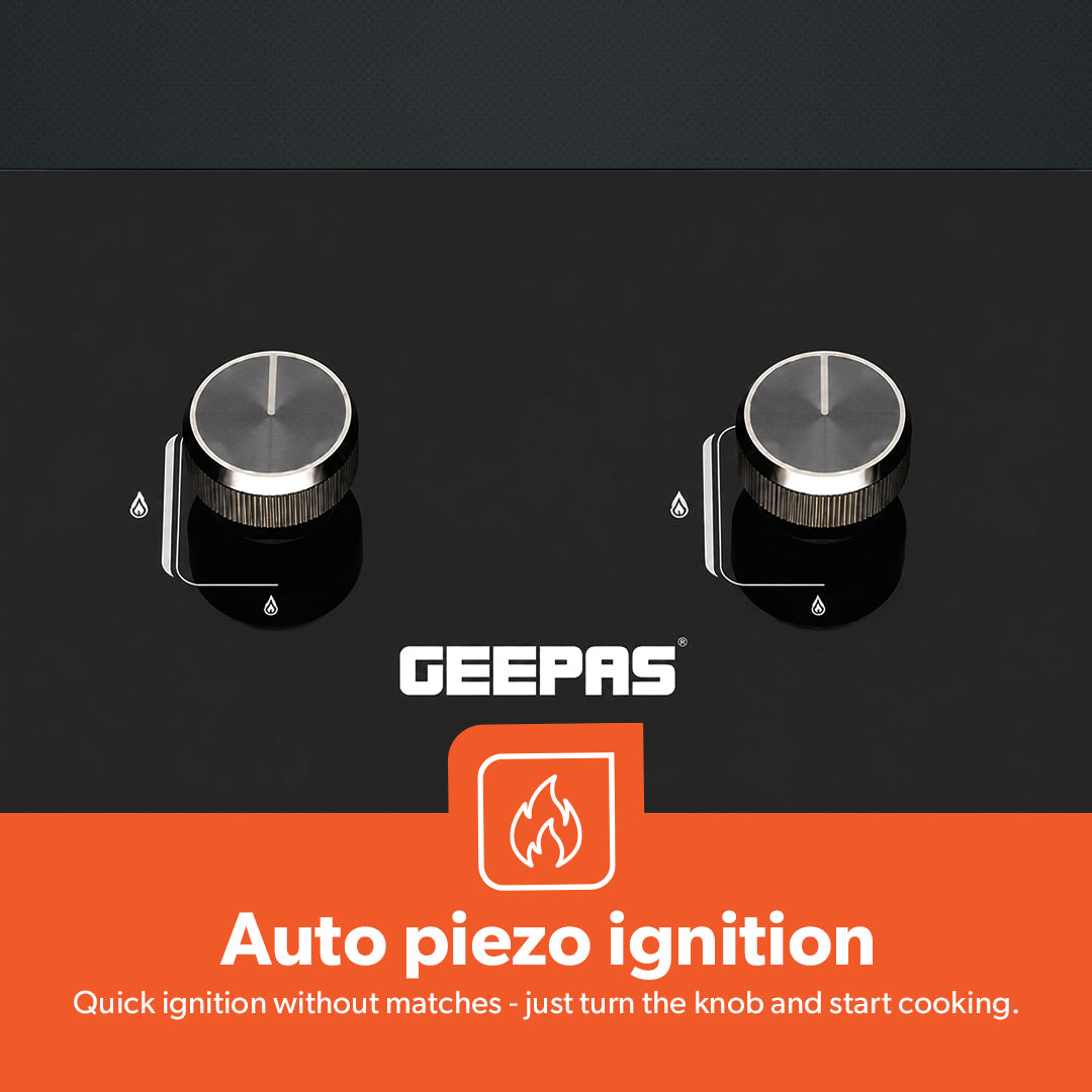 Geepas GGC31068FFD 2-in-1 Built-In Glass Gas Hob with Tempered Glass Platform | Strong Cast Iron Burners | Safety Flame Failure Device and Reliable Auto Piezo Ignition