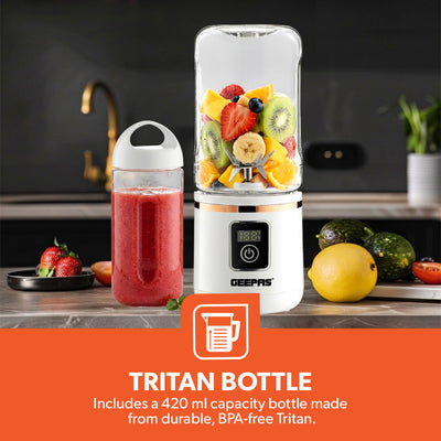 Geepas GSB44058 Rechargeable Portable Blender | 420ml USB Juicer | Digital Display | 6 Stainless Steel Blades Smoothie Maker | Travel, Home & Office Use | Portable Design