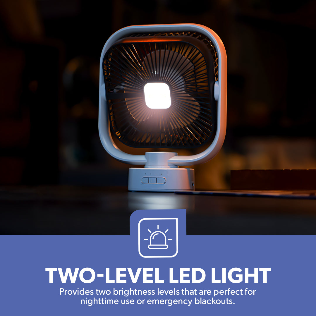 Geepas GF21122 8-Inch Oscillating LED Table Fan | Rechargeable AC/DC Function| 2x1500mAh Lithium Battery| Two-Level LED Light| 9 Hours Working Time| 2 Years Warranty