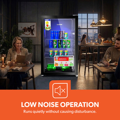 Geepas GSC1223  Showcase Chiller | Single Door Display Fridge | Low Noise, Quick Cooling | LED Light | Black Finish | Energy Efficient Beverage Cooler | 1 Year Warranty